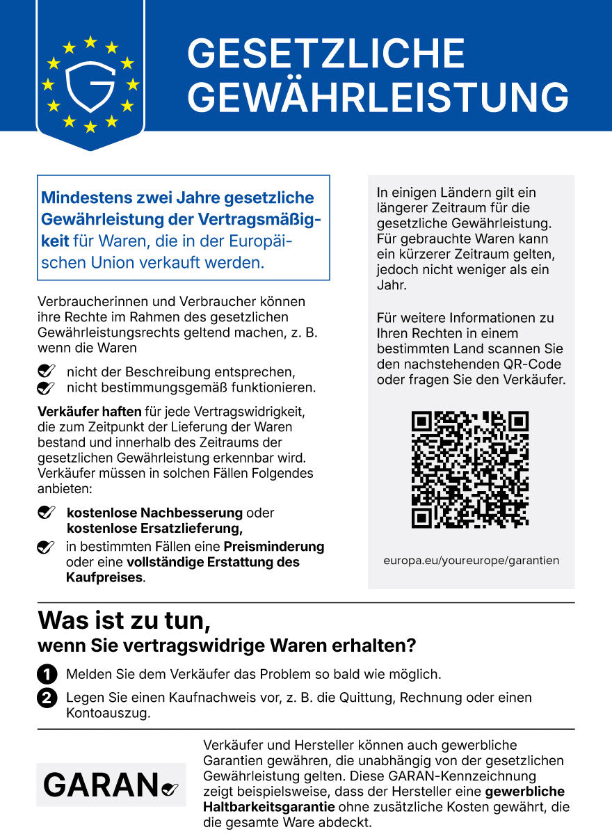 Official EU notice on the legal guarantee of conformity for goods (at least two years), with a QR code to the EU portal “Your Europe”