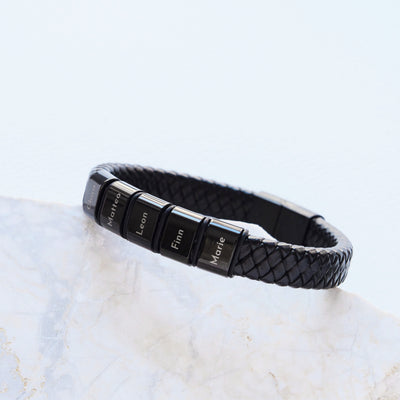 Leather bracelet with engraved black beads