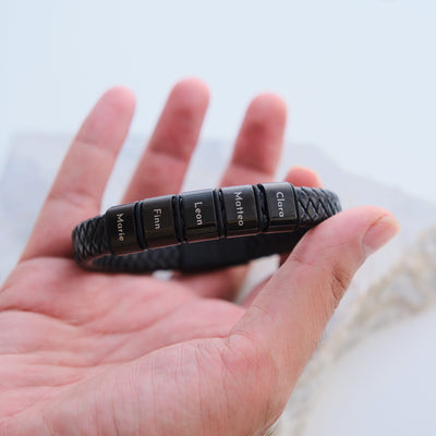 Leather bracelet with engraved black beads