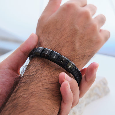 Leather bracelet with engraved black beads