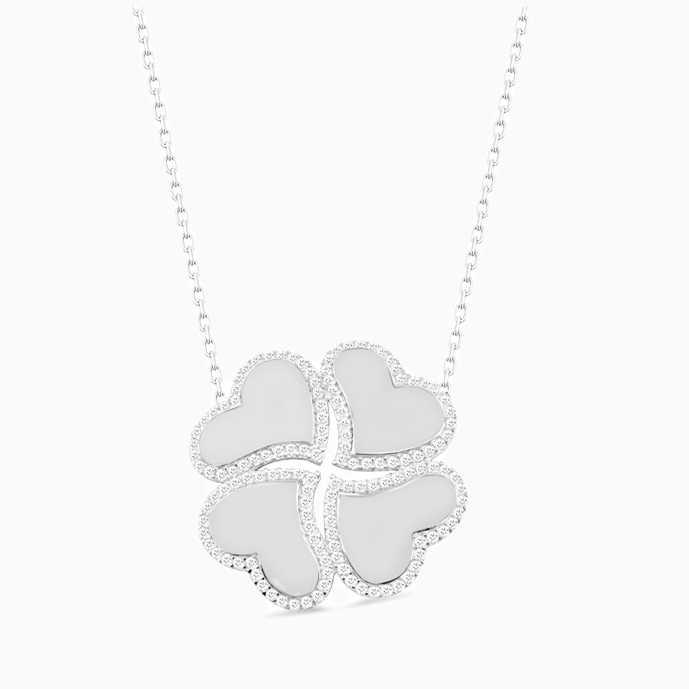 Cubic zirconia necklace with heart cloverleaf pendant